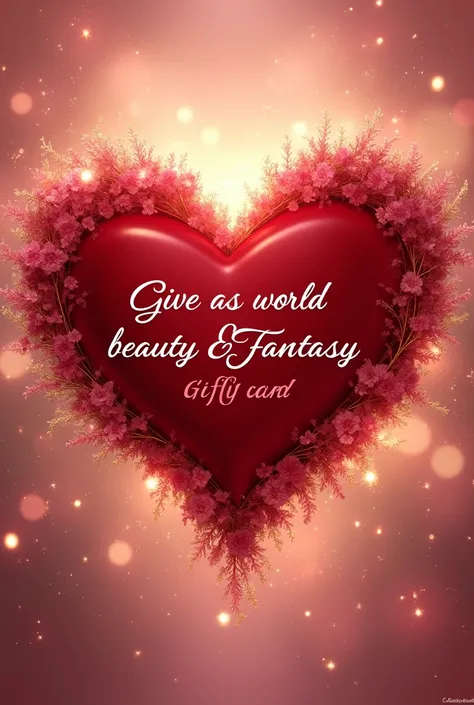 Design a red heart with an elegant and lovely style, that combines the visual elements of beauty and fantasy. In the center of the heart, includes the following phrase in Spanish: "Give a world of beauty and fantasy with our gift cards". The heart must hav...