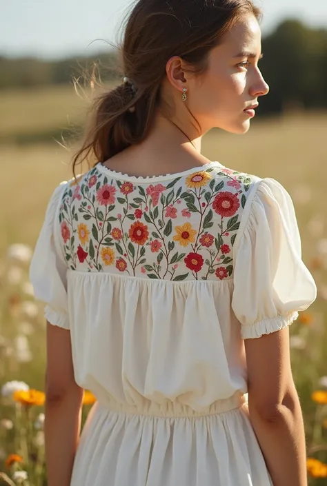 




Set Description:

- Top:
  - A light cotton blouse inspired by Portuguese blouses, with delicate embroidery on the shoulders and around the neckline, using Australian Aboriginal-inspired floral patterns.



