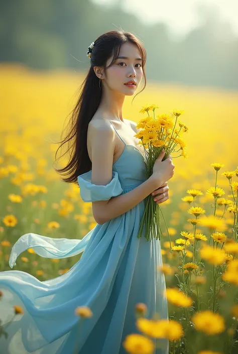 I want a woman in a blue dress with straight hair, she has a bouquet of yellow flowers in her hands surrounded by yellow flowers 