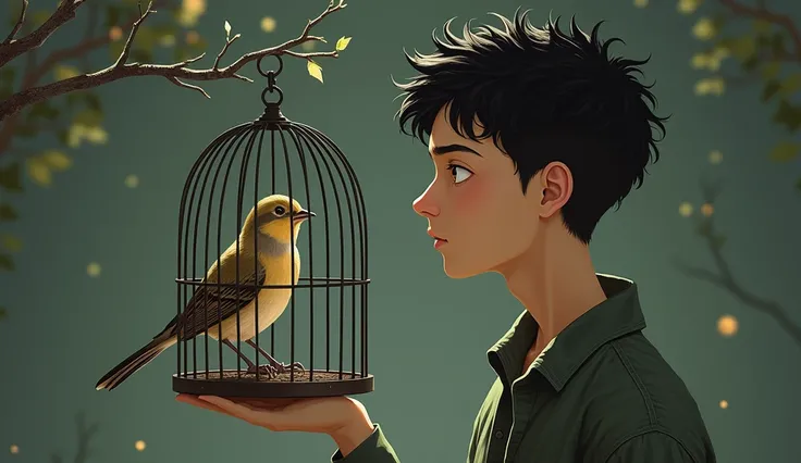 "A small bird inside a metal cage, perched on a thin branch."A 20-year-old young man holding the cage in his hand, standing in a thoughtful pose."