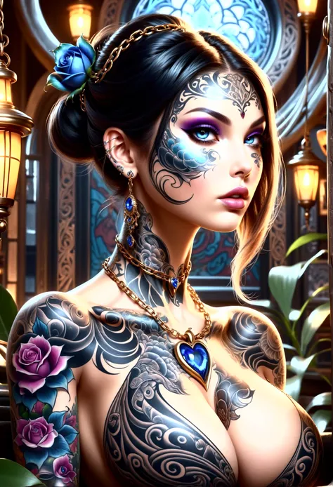 beautiful digital artwork, beautiful digital art, detailed beautiful face, 8k high quality detailed art, very beautiful digital art, digital art. highly detailed, beautiful detailed body, Create a hyper detailed photograph of a perfectly simetrical tattooe...