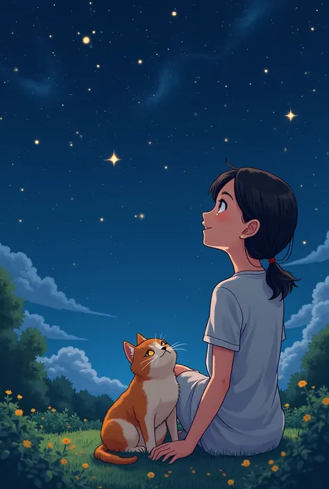 (masterpiece, Best Quality:1.3, 8k, beautifully (masterpiece, Best Quality:1.3, 8k, beautifully detailed pixel art:1.2, Vivid, woman, 若いwoman, smile, cute, , Stargazing, Cat and　Ghibli-esque