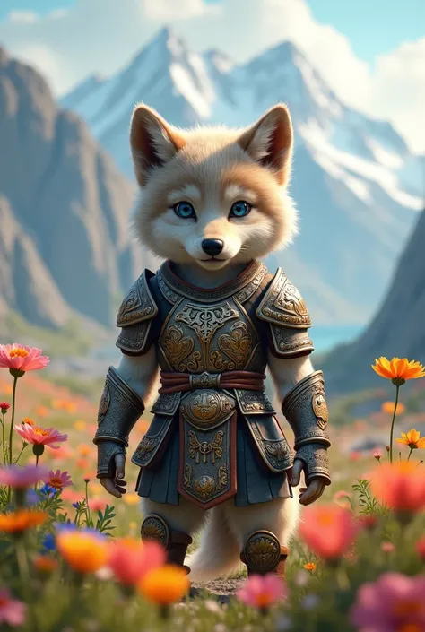 A wolf cub dressed in warrior armor in a flowery valley 