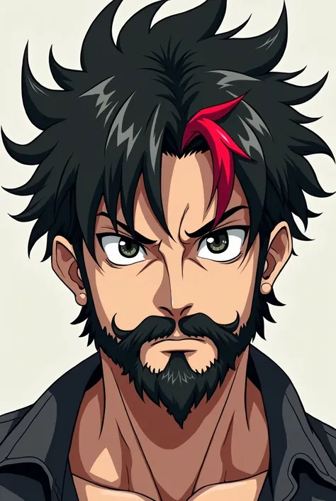 Anime boy with black hair and a thick beard and red streak