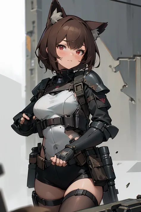 masterpiece, 8k, high quality, 1 girl, cat ears, (face portrait), red eyes, stockings, fingerless gloves, brown hair, (closeup), armor insert, ballistic plate, platecarrier, tactical armor, tactical vest, chest rig, military, bulletproof armor, security eq...