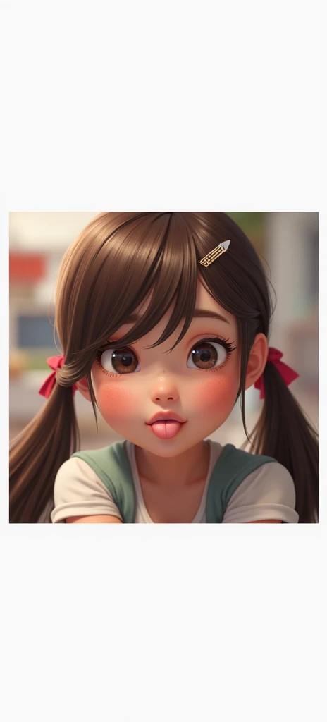 1 girl, Long hair, Blushing, Hair clip, Stick out your tongue, Pompadour, Ponytail, Long hairระดับกลาง, Brown hair, Blushing, Stick out your tongue, Hair clip, 