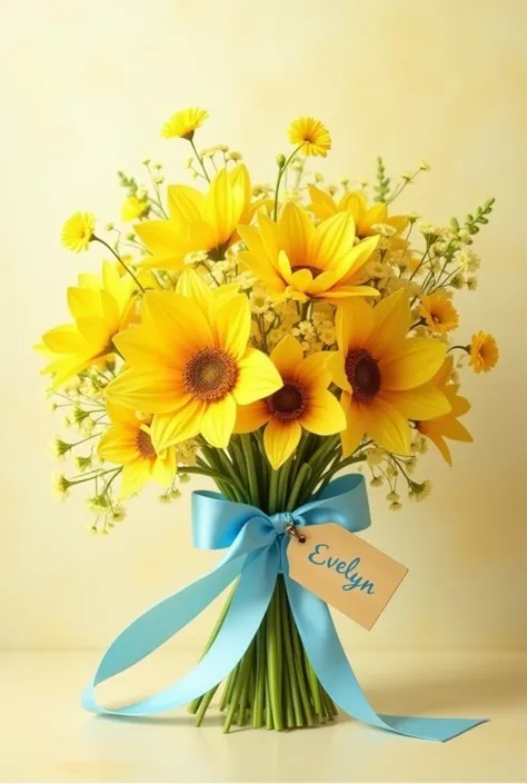 Bouquet of yellow flowers with a light blue ribbon With a tag that says Evelyn