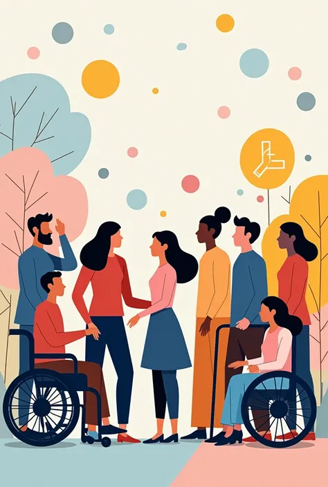 Create a vector-style image for National Disability Day related to the digital inclusion work of a UX Writer. Please do not include text in the image and include people with different disabilities and skin color.