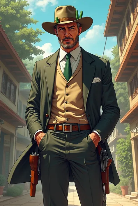 Cover for a book where the protagonist is dressed in 1930s clothing, He wears a hat with cactus decorations and has two guns at his waist.,  The story takes place in an English colony in the 1930s, in the ANIME style. 