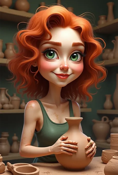 Caricature of a 3 red-haired woman, with white and shiny skin, dark green eyes, thick wavy hair, is located in his own pottery workshop, which is his own room, She is a potter and at the same time she is her own piece. She is building herself, It is made o...