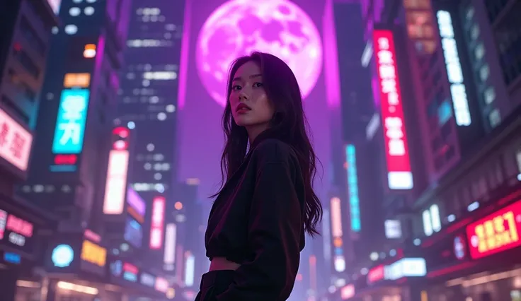 a cyberpunk city at night, intricate neon lights, futuristic skyscrapers, purple-tinted sky with a glowing purple moon, traffic lights glowing in the darkness, a sexy woman standing under the vibrant neon lights, (best quality,4k,8k,highres,masterpiece:1.2...