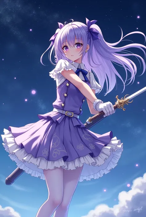 Purple and white long hair anime girl，White Gloves，short skirt dress，white pantyhose，Night sky，Magic Western Sword