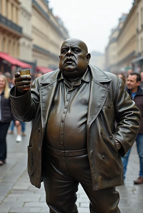 Bronze statue of David Rachline Fat and bald completely drunk with a glass of whiskey in the middle of a crowded square