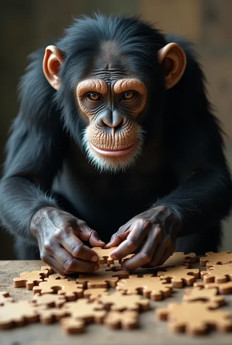 Slow-motion footage of chimpanzee solving puzzle. Realistic 