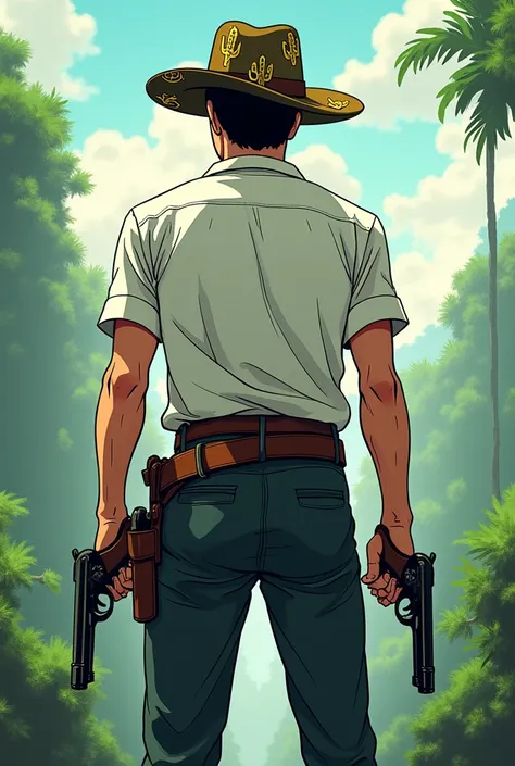 Cover for a book where the protagonist is dressed in 1930s clothing, He wears a hat with cactus designs made of gold thread and has two guns at his waist., The story takes place in an English colony in the 1930s, he has his back. Make it anime-style 