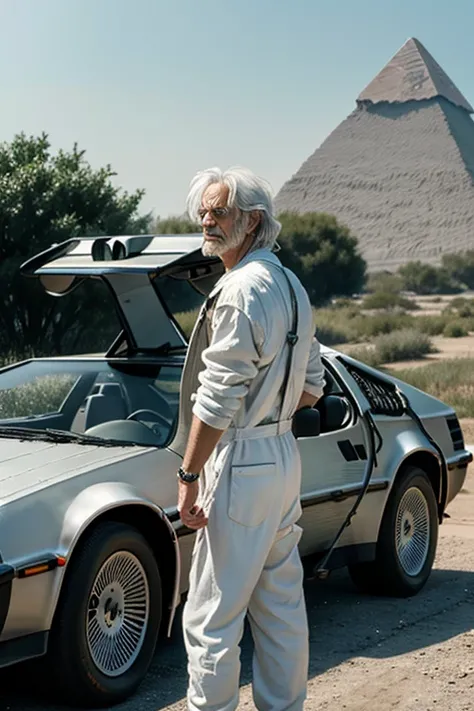 christopher lloyd with white messy hair standing by delorean from back to the future, wearing white overall, green lush prairie, egyptian pyramid