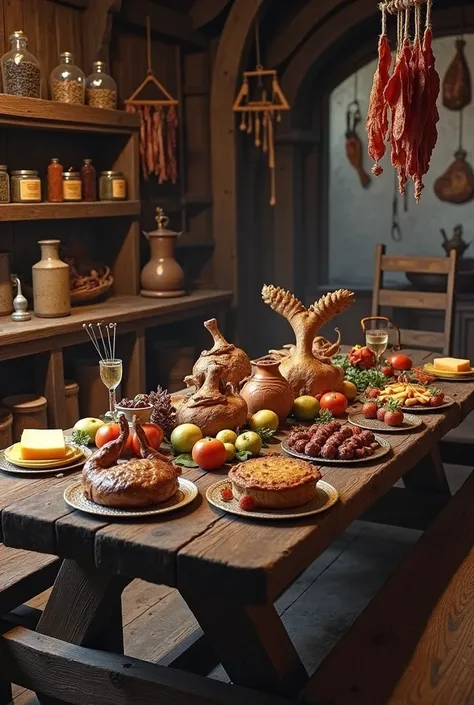 A medieval dining room in a medieval village home with a picnic table with food on it such as: a goats leg, venison, homemade apple pie, cooked squirrel on a stick, slices of swiss cheese including a large gouda cheese in shape of a thick cake a slice remo...