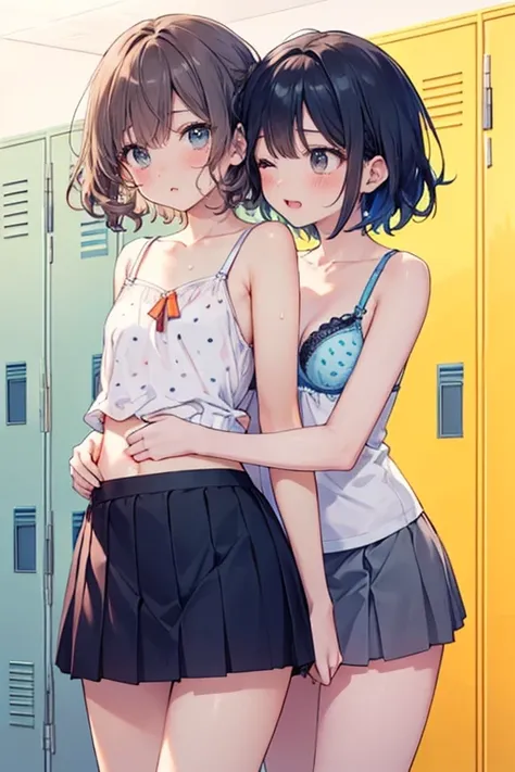 (Highest qualityのイラスト:1.2), (cute girl:1.1), (1 Girl, alone:1), (2 girls、、、、small、cute、cute、Small chest、Very detailedな目:1.2)、(Yuri、kiss、Hug from behind、grab、eyes half closed、eye contact:1.Sweat、I was embraced、blush:1.1)、 break White Bra、Pink good、Blue Bra、...