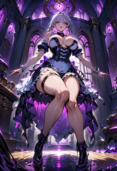 1 mature woman,(Best Quality,Extremely detailed depiction,Incredibly absurd high definition,Anatomically accurate,Curvy Legs,Shiny skin,Porcelain-like skin),(Black and white gothic maid outfit,Maid Skirt,corset,Black tights,boots),eyelash,(Silver Hair,Blac...