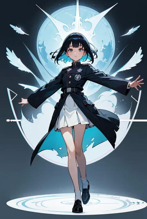 One girl, Bob Hair，145cm，Age 15，uniform，Facing forward，whole body，A lively child、upright、No background、Black Hair、The inside of the hair is blue、exorcist、Setting diagram, 2 arms、Front facing、upright、Full body view from the front