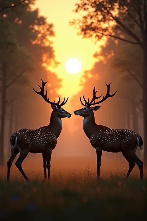 Créez une image dun Cerf axe et dune grande couleur face à face, nerveux et prêt à senvoler de lautre côté, où ils étaient dans une forêt sombre, le soleil se couche et la lumière brille dans le ciel.