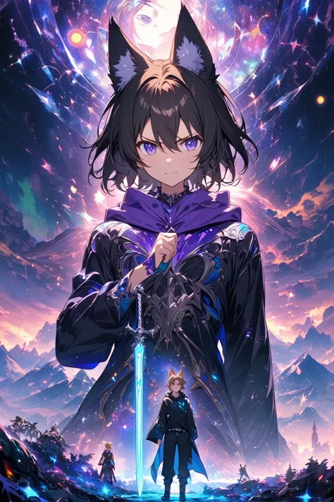 This anime image shows a lively fantasy scene, and the image features three main characters: 1..There is a young male character in the foreground. He has short black hair and a blue glow on his hoodie, which matches his bright blue eyes. His expression is ...