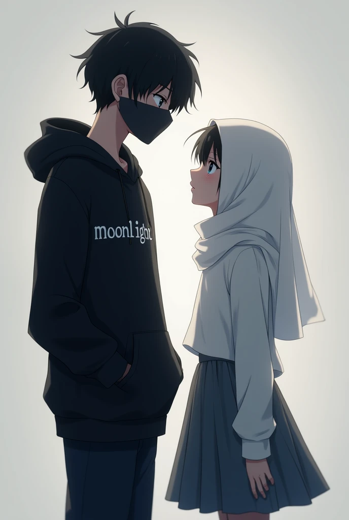 Anime, a black hair boy wearing black hoodie with "Moonlight" name on it, faceless style, beside him theres a girl wearing grey tutu skirt with white blouse and white hijab and wearing niqab (if you can do it), they look at each other