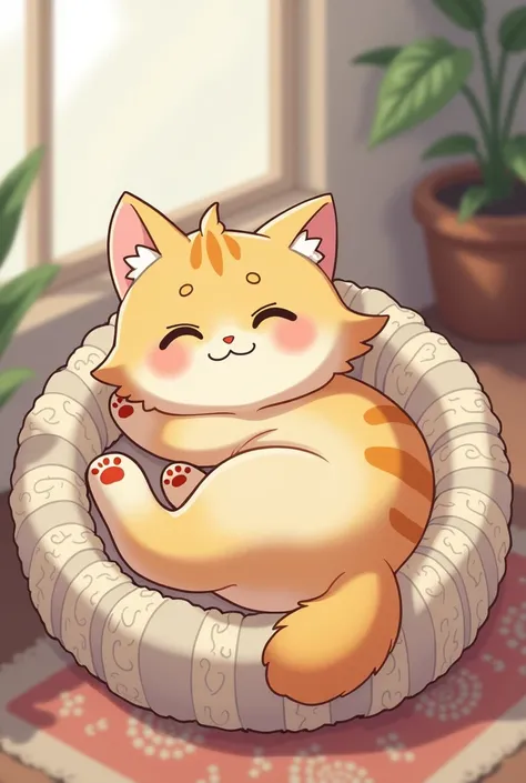 An anime-style cat lazily lying in the cat bed