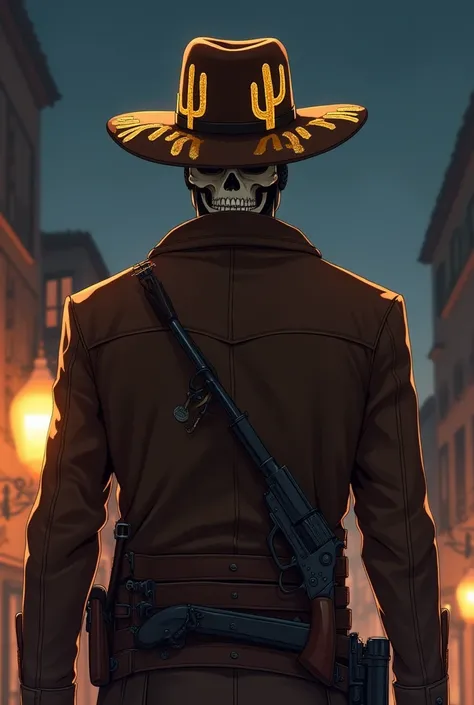 Cover for a book where the protagonist is dressed in 1930s clothing, He wears a hat with cactus designs made of gold thread and has two guns at his waist., The story takes place in an English colony in the 1930s, he is facing away and is wearing a leather ...