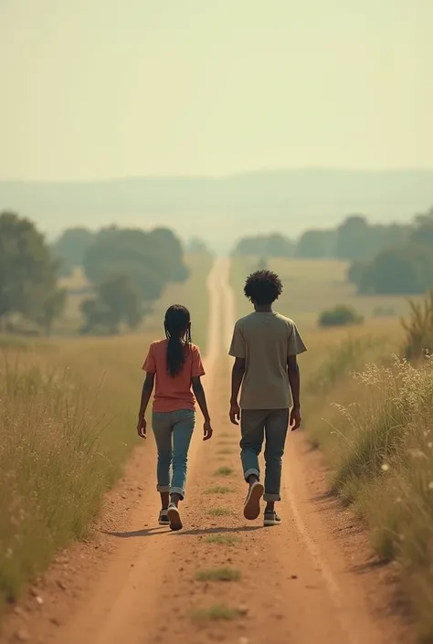 Small two black teenagers wandering between two roads at a far