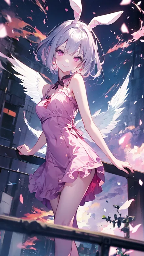 （Highest quality、High resolution、8k、mysterious、masterpiece：1.2）。Gatekeeper of Hell。In front of a gate that emits an evil aura, Anime she have a short silver hair, Pink long dress, Light Smile,Pink eyes,pink Bunny ears , beautiful face,,{{full body}}, rando...