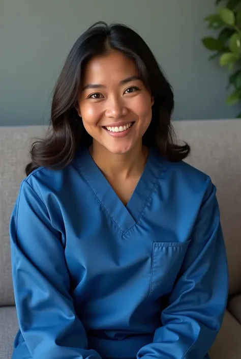 A Peruvian psychologist with Asian features and dark skin color in a blue uniform smiling sitting on a sofa