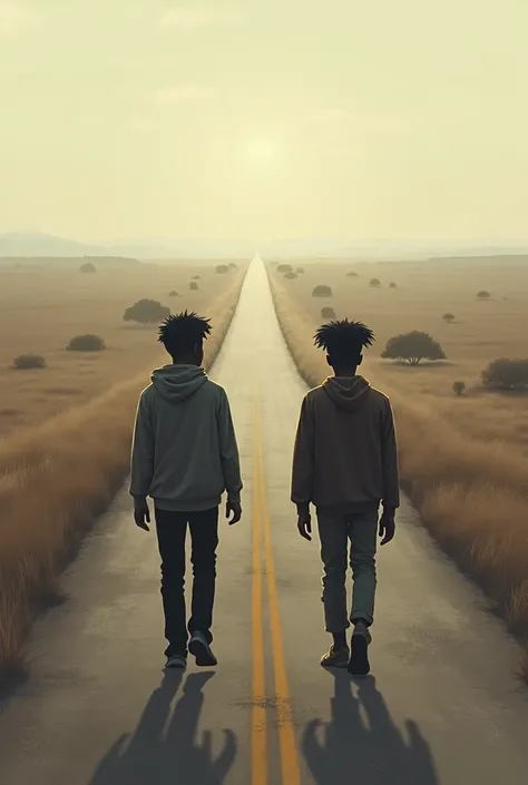 Small two black teenagers wandering between two different roads at a far