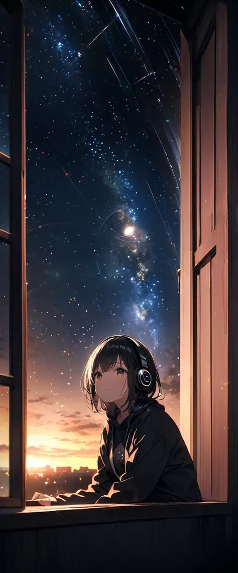 Outside the large window, many stars and the moon shine beautifully in the night sky.,Long exposure photography、A starry sky with many circular orbits, My Room、Emotional、Look up at the sky, Sparkling,Sparkling,Looking at the camera,Headphones,beautiful、