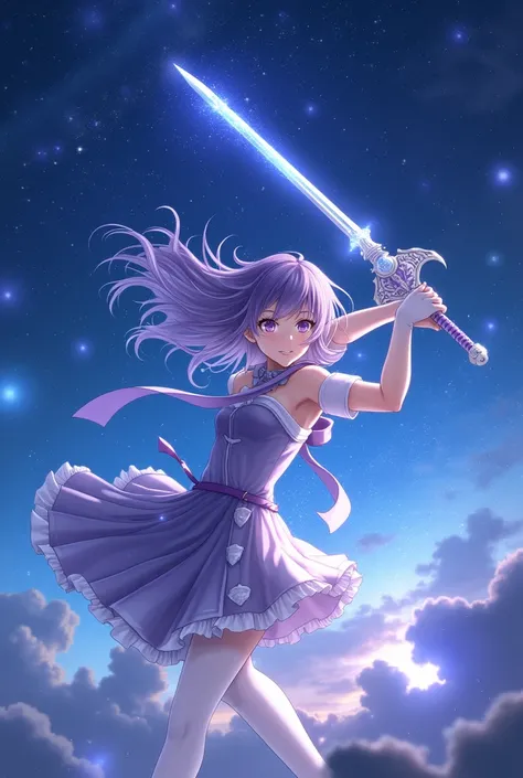 Purple and white long hair anime girl，White Gloves，short skirt dress，white pantyhose，Night sky，Magic Western Sword