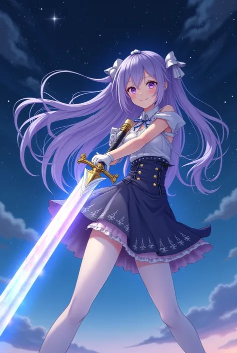 Purple and white long hair anime girl，White Gloves，short skirt dress，white pantyhose，Night sky，Magic Western Sword