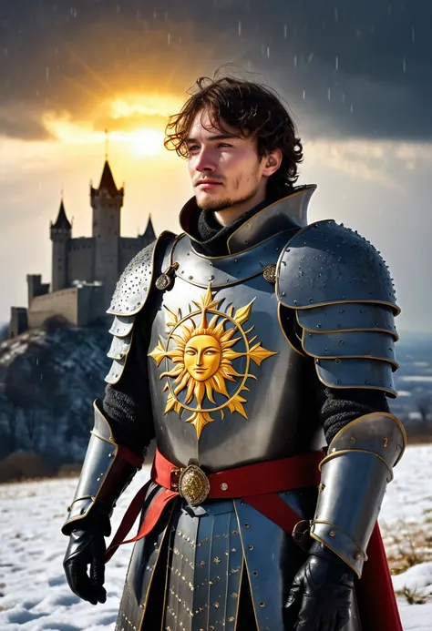 Young King of the Empire in Armor, man, son of the sun, Make a symbol cut in the middle of a sun "crying" with a sad smile is the other side one "Melting Ice" with six snowflakes, realistic dark fantasy version, medieval flag coat of arms, on a hill of bea...