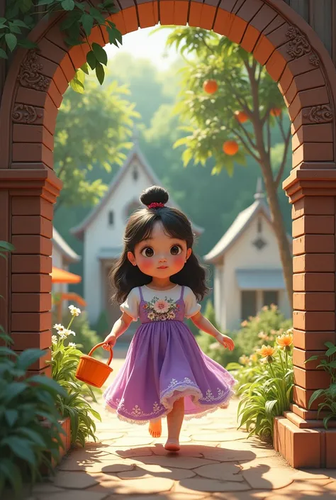 Photo in a shady garden, a fat Thai girl, 2, cute, plump, chubby cheeks, 3D oil painting, long wavy black hair in a bun, wearing a purple Rococo style dress with white flowers, standing and moving lively, holding an orange basket, emphasizing the appearanc...