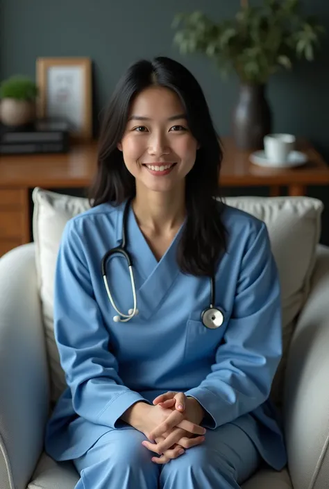 A psychologist with Asian features and dark skin color, straight hair, in a blue uniform smiling sitting on a sofa with a desk in front of her