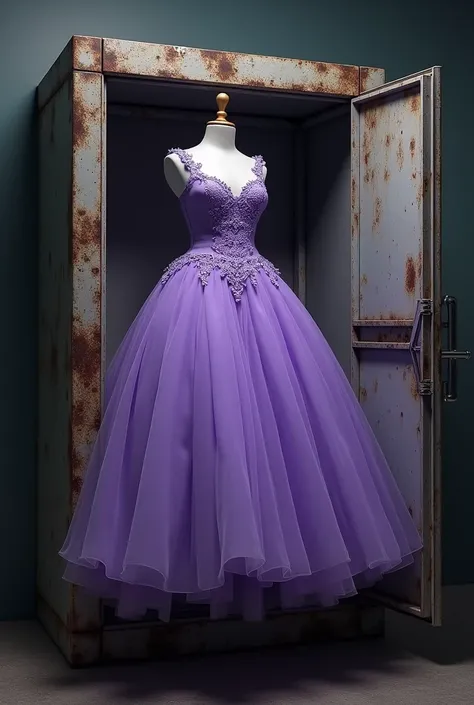 Violet princess dress inside a locker no human with gloves and boots