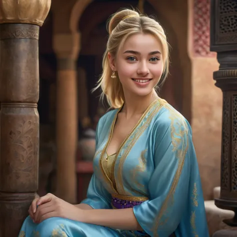 hyperdetailliert, Hyperrealismus, Photorealism, High resolution, UHD, A young woman, 20 years, blonde hair, ponytail, Slight smile, whole body, Full body portrait, Clothes like "enchanting Jeannie", 1001 Nights, Jasmine from Aladdin, impressionism, 