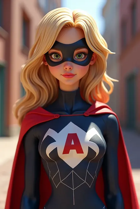 A young woman (20 years old, with 3D design in the style of Disney and Pixar&#39;s Incredibles), blonde hair, green eyes and white skin, with a superhero costume (without cape) dark blue color, white and red, and small spider web designs and with an A on t...