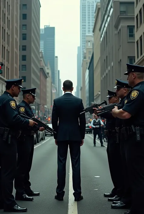 A man standing on road with black suit and police surrounding him with the gun in city 