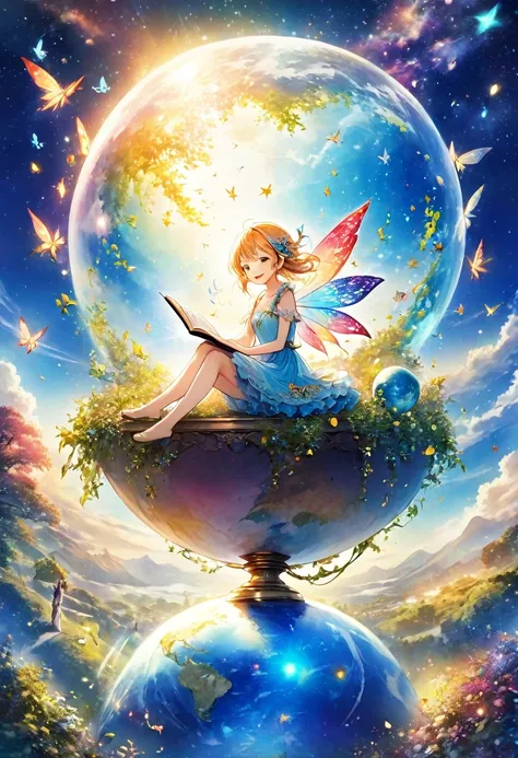 anime smiling girl sitting on a globe with music notes around her, official artwork, anime fantasy illustration, a beautiful artwork illustration, ethereal world, beautiful fantasy anime, fantastic world, anime fantasy artwork, by Yuumei, magic world. colo...