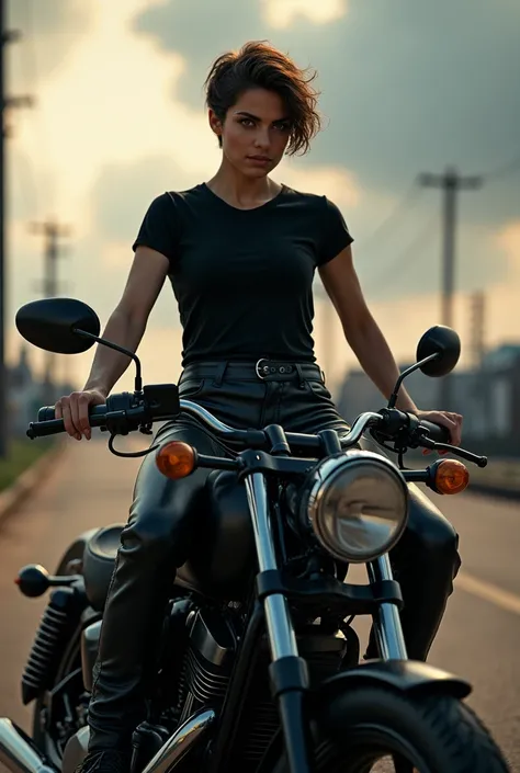 ((High quality)), ((masterpiece)), (detailed), One person, Brown hair, Short hair, black t-shirt, Leather pants, On top of a large motorcycle