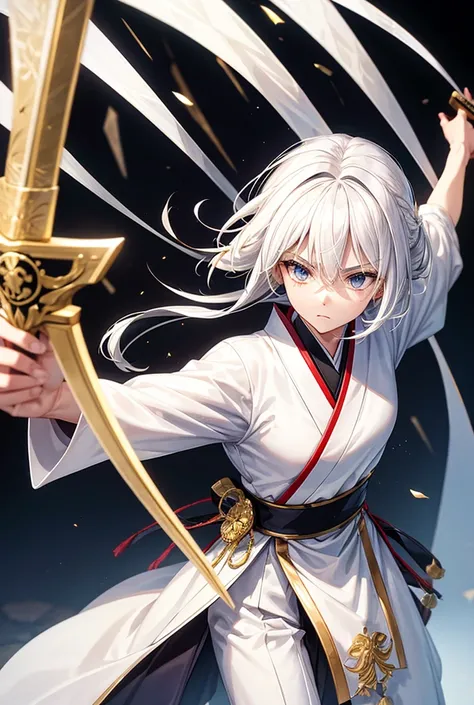 White hair man Japanese sword sword god々White and gold outfit

