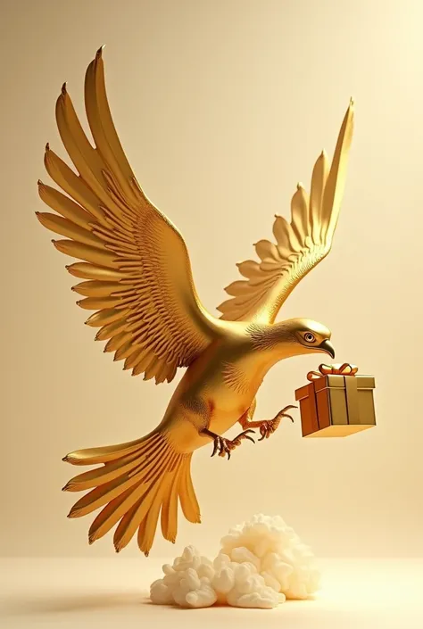 Generate a gold statue of flying bird with gift box with no backgrounds 