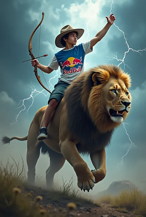 Young man in hat, with a RedBull shirt (white and blue), Riding a Lion, holding a bow and arrow, during storm 