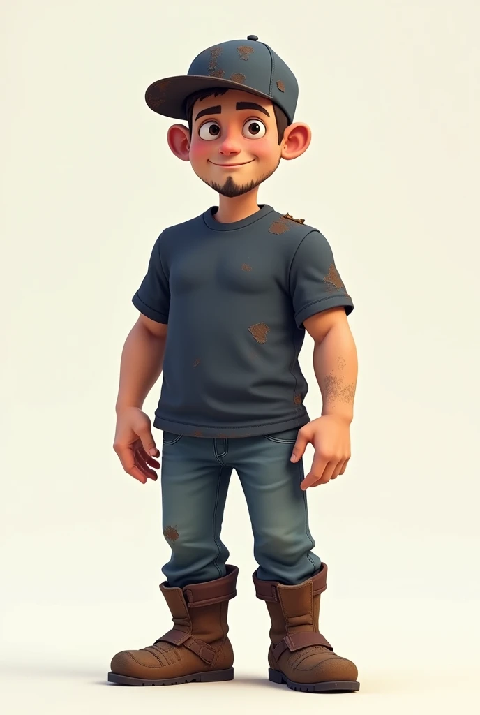 Generates an image of a semi-stylized male cartoon character dressed in a dark blue t-shirt, jeans, brown boots and a dirty and worn blue cap., about 30 years old, one and a half meters full body, small head, small eyes,elongated, medium-muscular torso