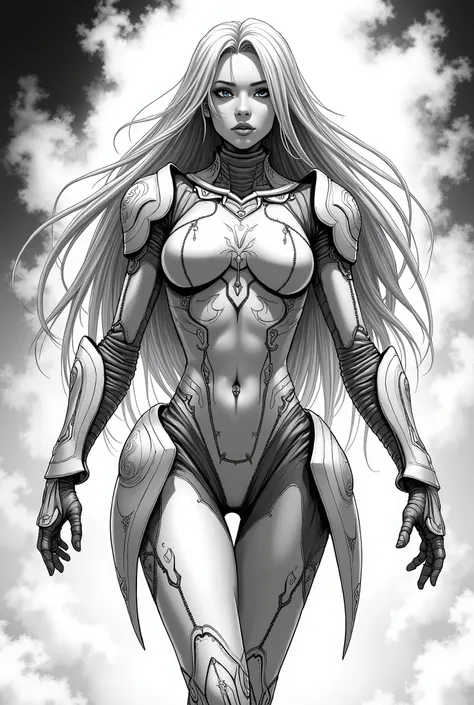 Monochrome manga art style, heroic Taimanin Asagi, formidable power armor enveloping her lithe figure, intricate designs etched across the surface, armor reflecting advanced technology fused with traditional elegance, poised in a dynamic stance that exudes...